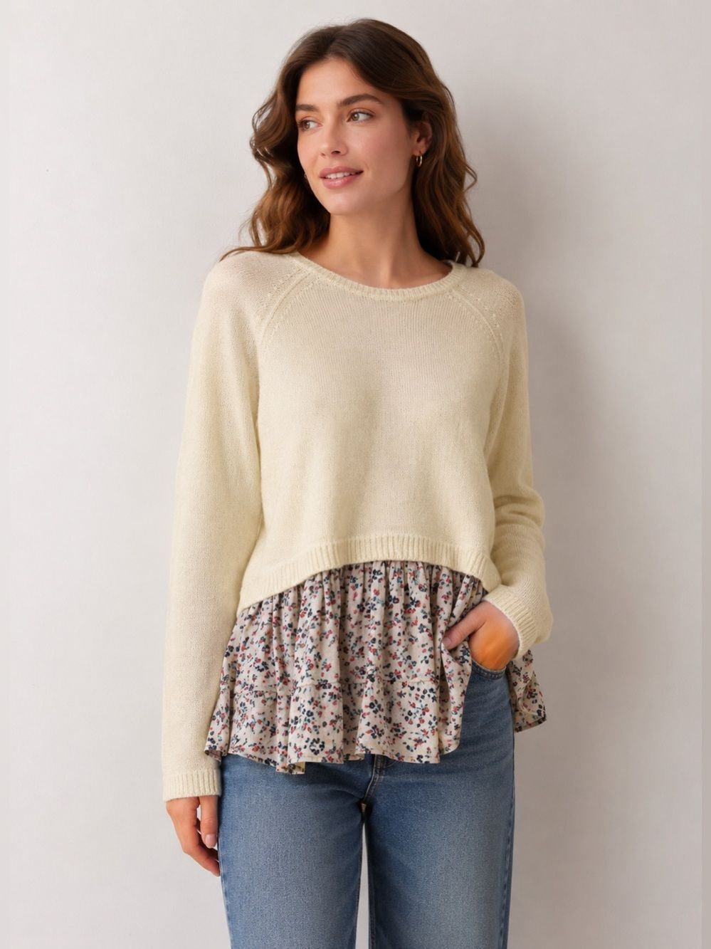 LC Lauren Conrad Women’s Sweater Top Floral Pattern Trim Bow Tie Neck Sz XL